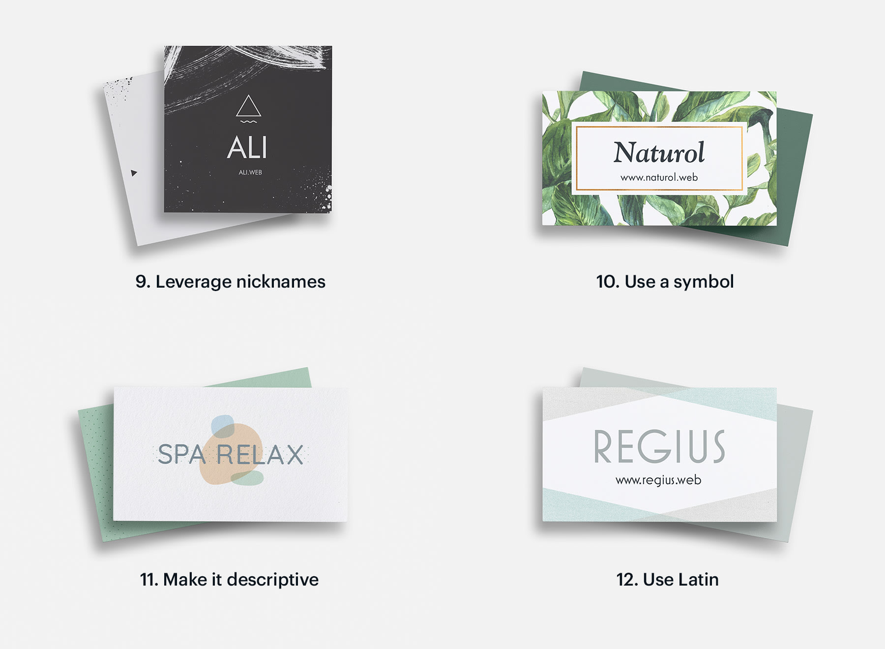 Image of business cards: 9. Leverage nicknames, 10. Use a symbol, 11. Make it descriptive, 12. Use Latin