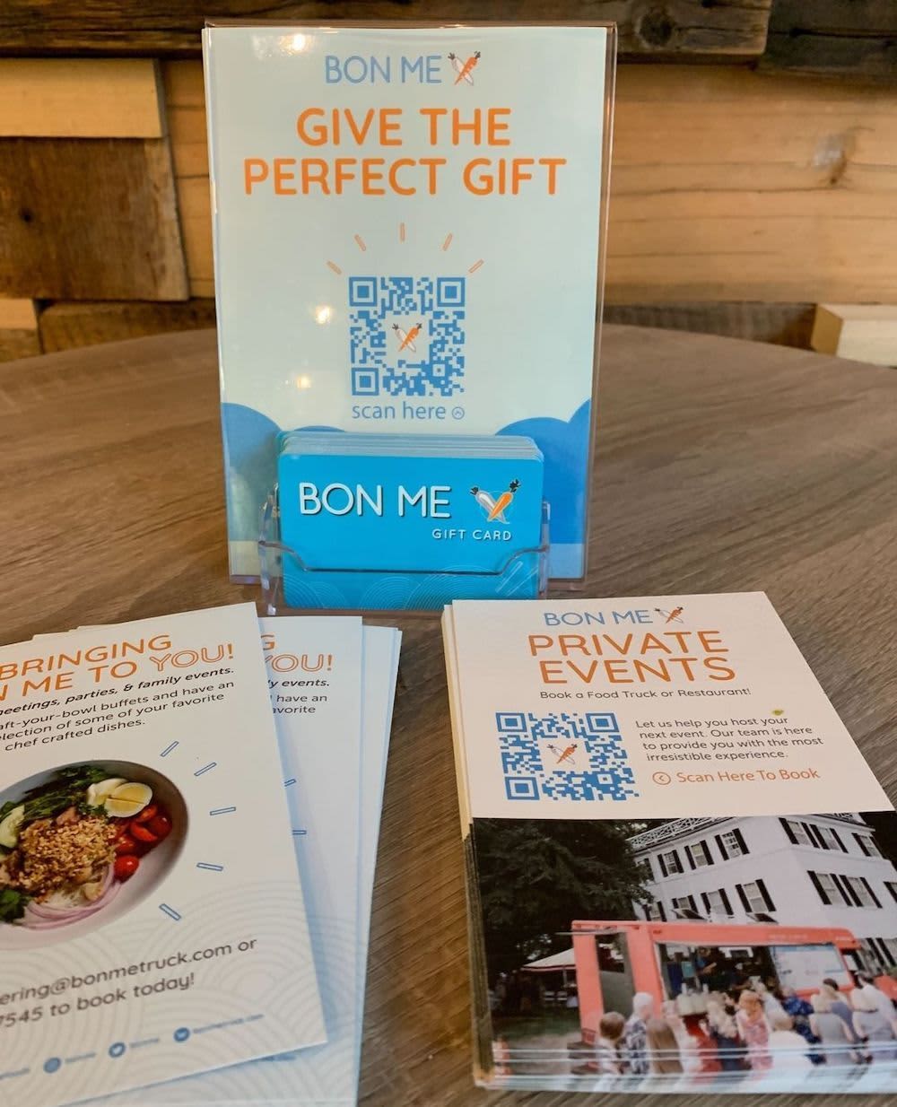 Custom QR code flyers and business cards for Bon Me